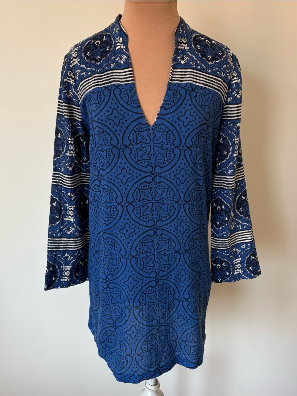 Tory Burch Cotton Gauze Blue Printed V-Neck Long Sleeve Tunic Mini Dress EUC 2
